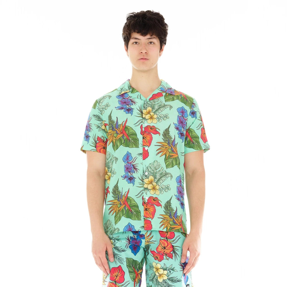 CUBAN SHORT SLEEVE WOVEN "HAWAIIAN FLOWER" IN MULTI