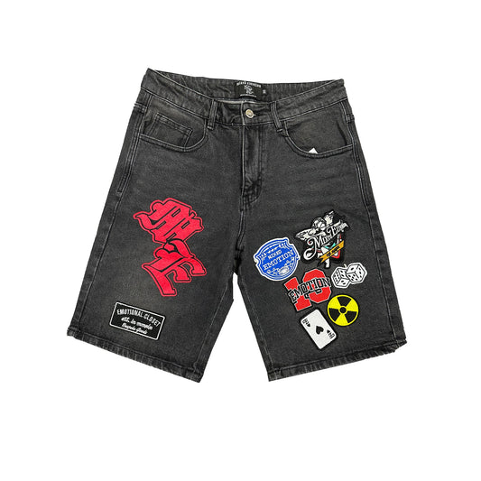 MIXED EMOTION ‘Danger’ Patch Denim Shorts