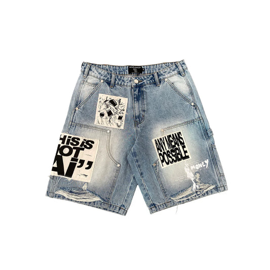 Mixed Emotion Blue "AI" Denim Shorts