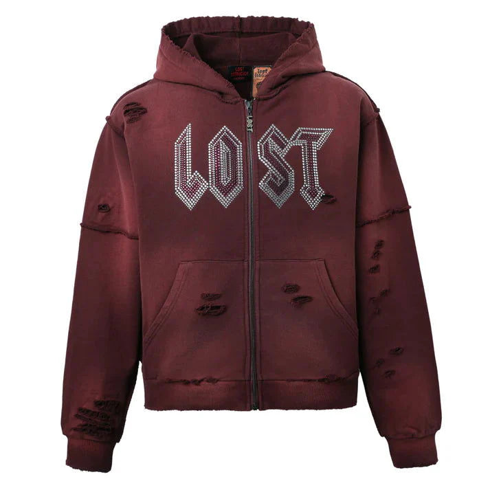 LOST INTRICACY Rhinestone Hoodie ZipUp Burgundy