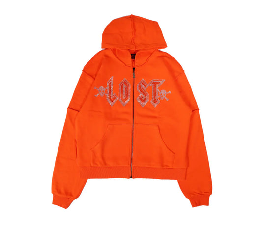 Lost Intricacy Orange Rhinestone Zip-Up Hoodie